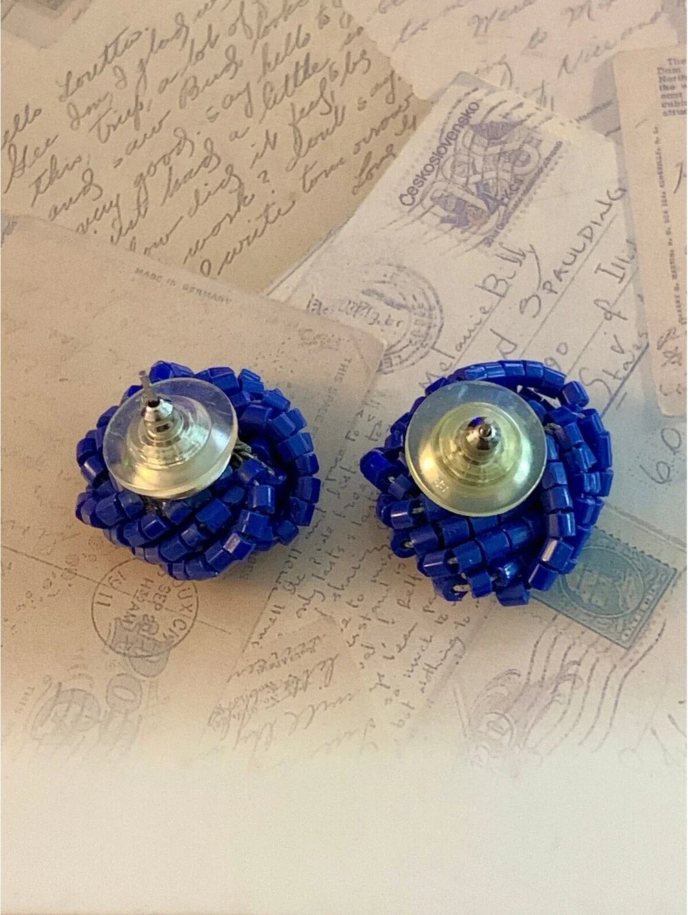 Vintage Bold Blue Beaded Knot Earrings - Statement Studs for Fun Style